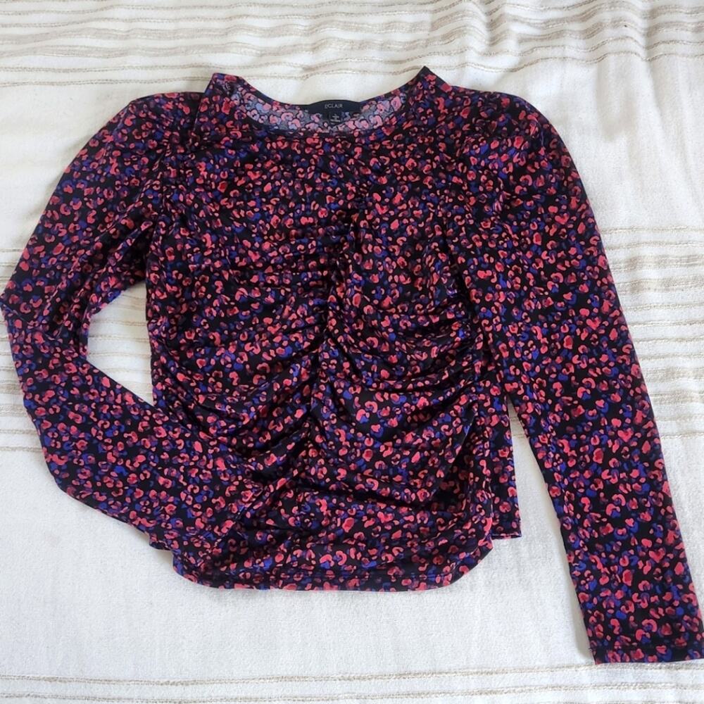Eclair Leopard Ruched pink blue black long sleeve Blouse  large